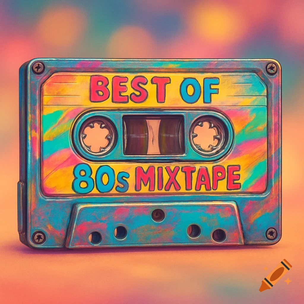 A vibrant, colorful cassette tape labeled 'BEST OF 80s MIXTAPE' with a retro aesthetic.