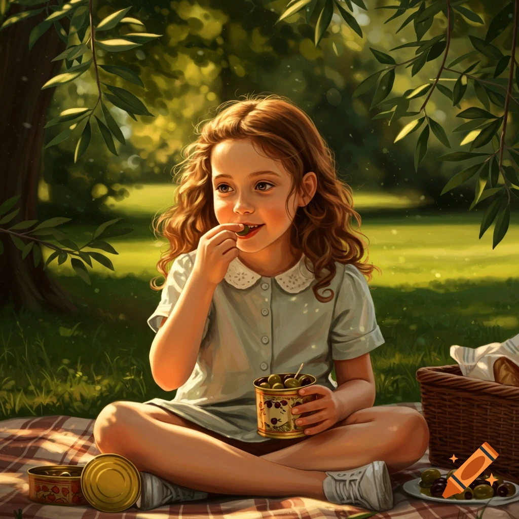 A young girl sits on a picnic blanket under a tree, eating olives from a tin in a sunny, illustrated style.