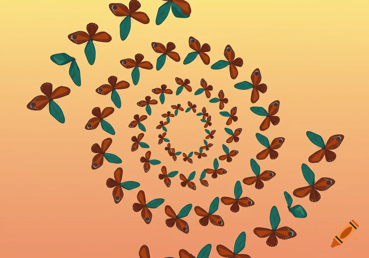 A spiral pattern of stylized brown and teal butterflies on a gradient orange and yellow background.
