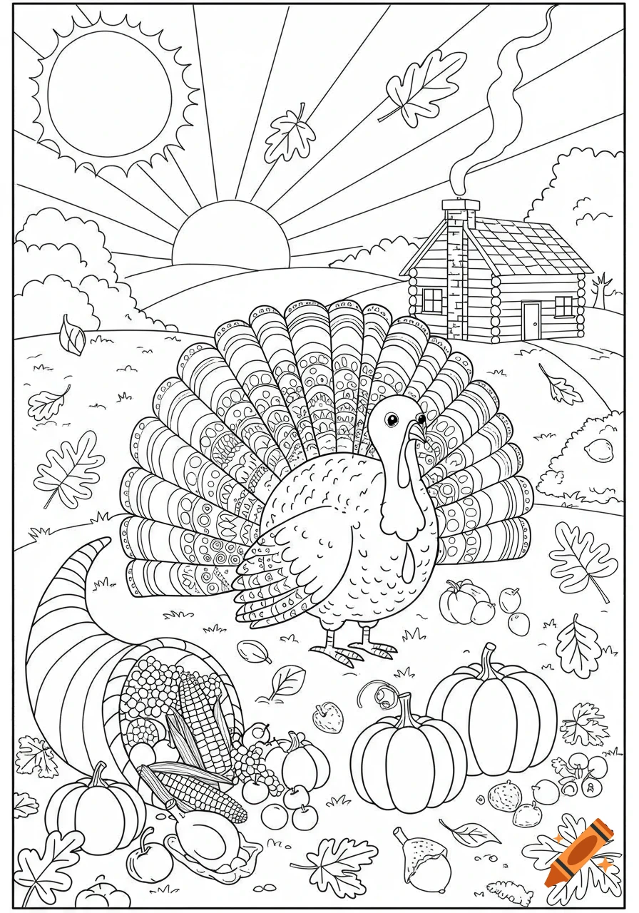 Black and white Thanksgiving coloring page with a turkey, cornucopia, pumpkins, and a log cabin at sunset.