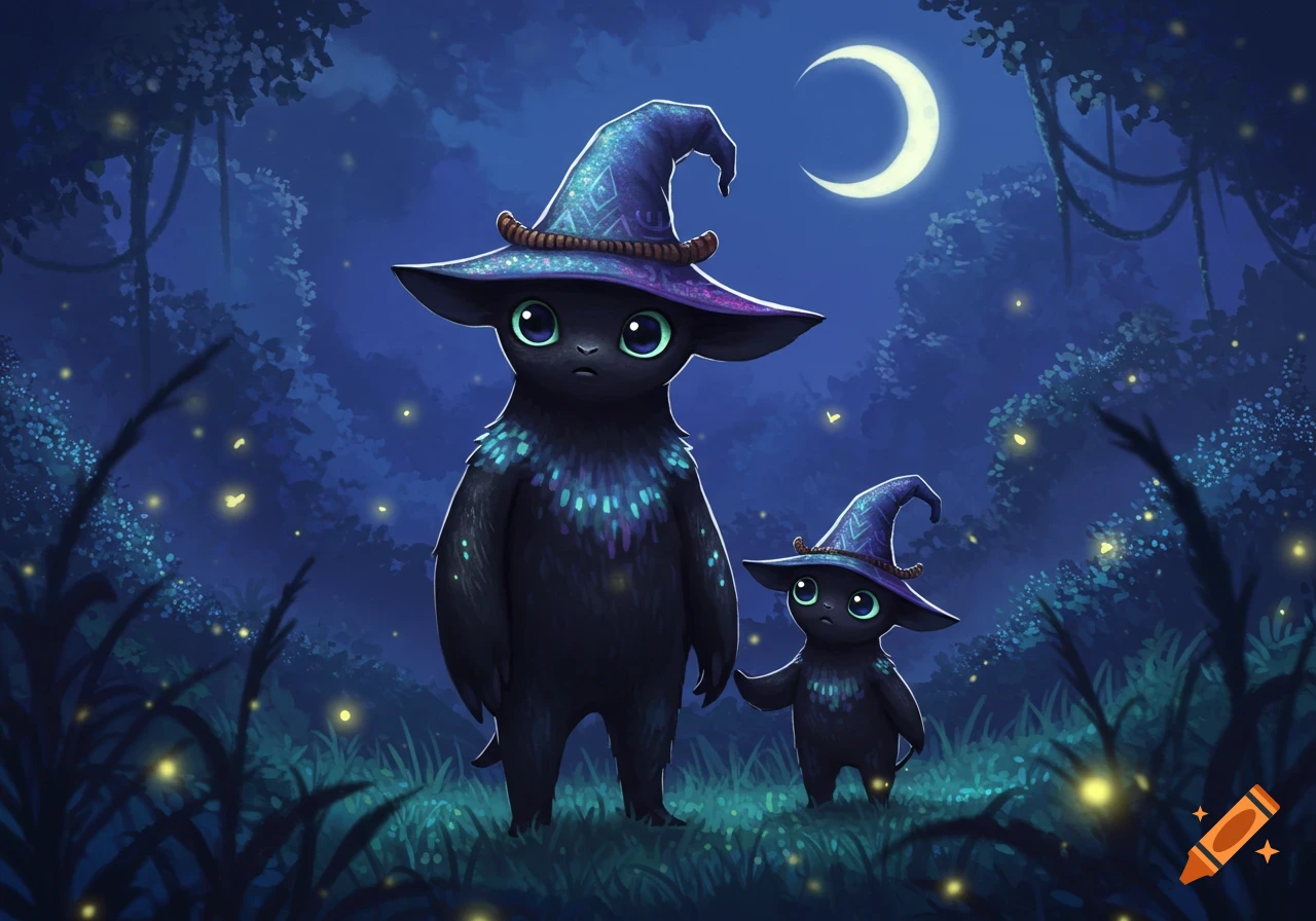 Two cute black fantasy creatures in blue witch hats stand in a magical, dark blue forest at night with fireflies and a crescent moon.
