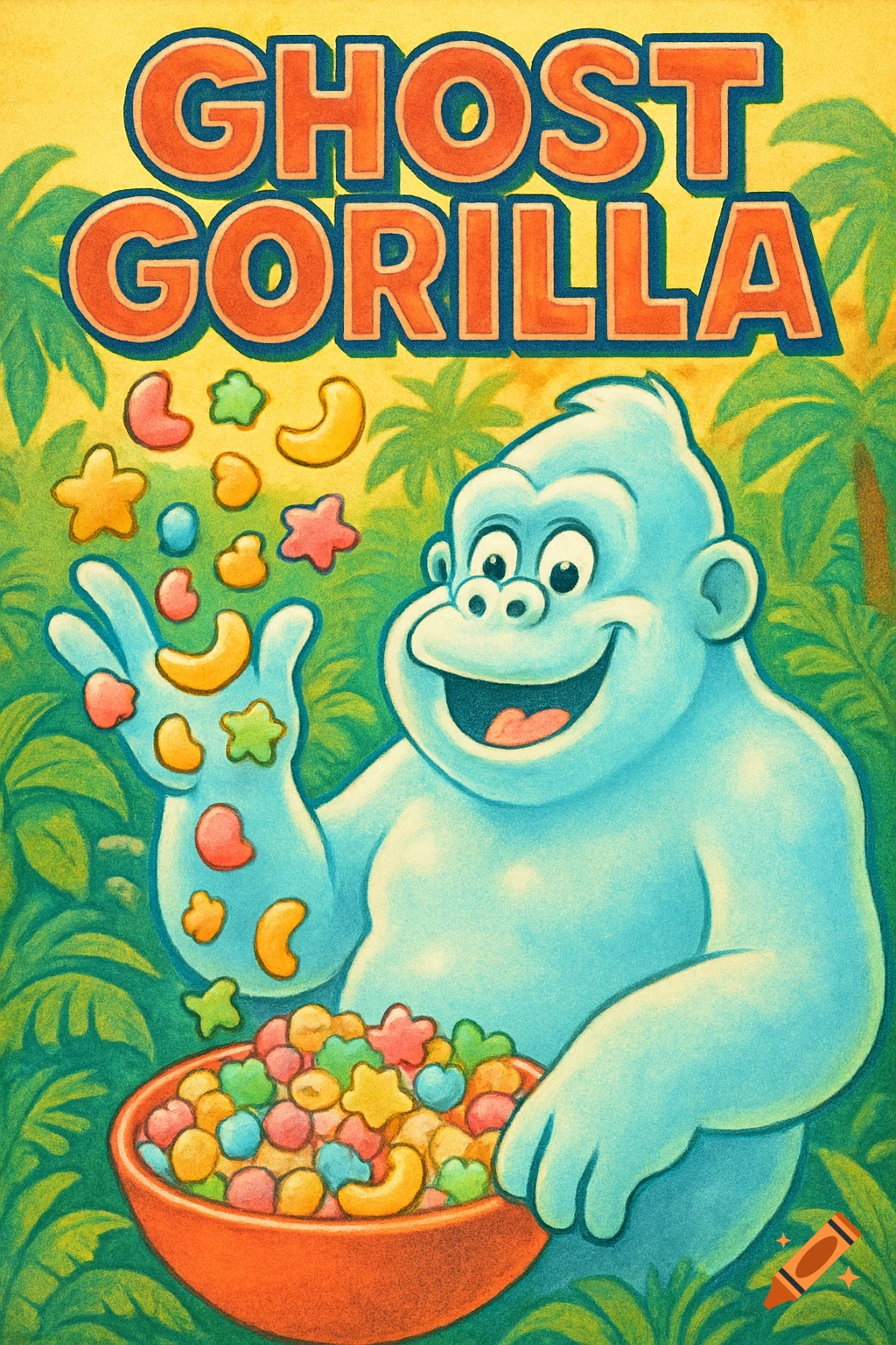 A retro cartoon illustration of a light blue gorilla holding a bowl of colorful cereal pieces, with 'GHOST GORILLA' text.