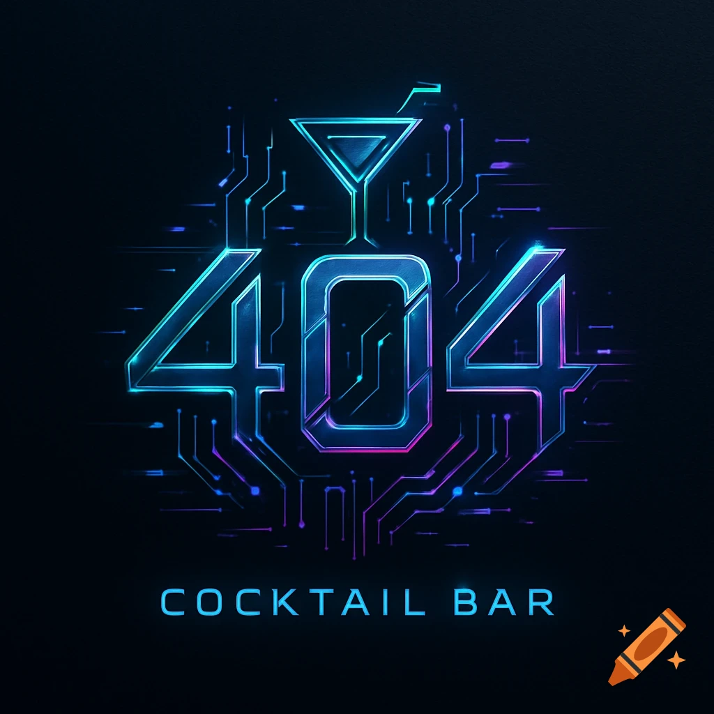 A neon blue and purple cyberpunk logo for '404 Cocktail Bar' with a martini glass integrated into circuit board patterns.