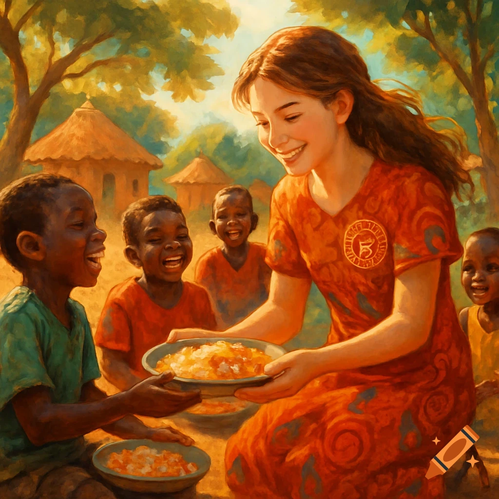 A painting of a smiling woman in a village, sharing food with happy children.