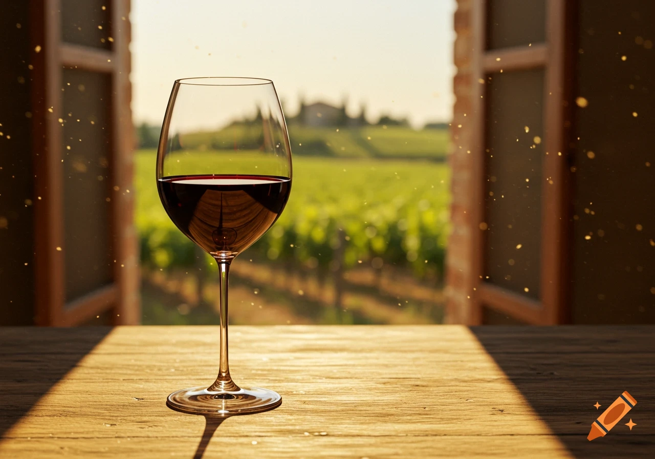 A full glass of red wine on a sunlit wooden table, overlooking a green vineyard at sunset from an open window, with shimmering dust motes.