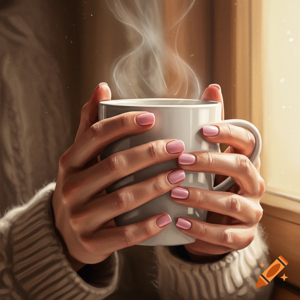 Close-up of hands with pink fingernails, holding a steaming white coffee mug near a sunlit window.