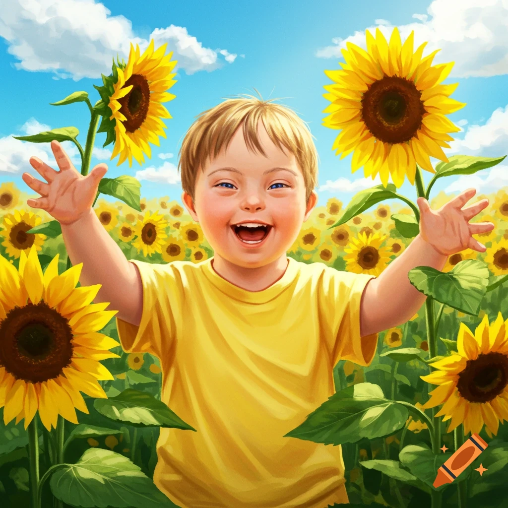 Happy child with Down syndrome smiling, arms outstretched in a bright sunflower field under a blue sky.