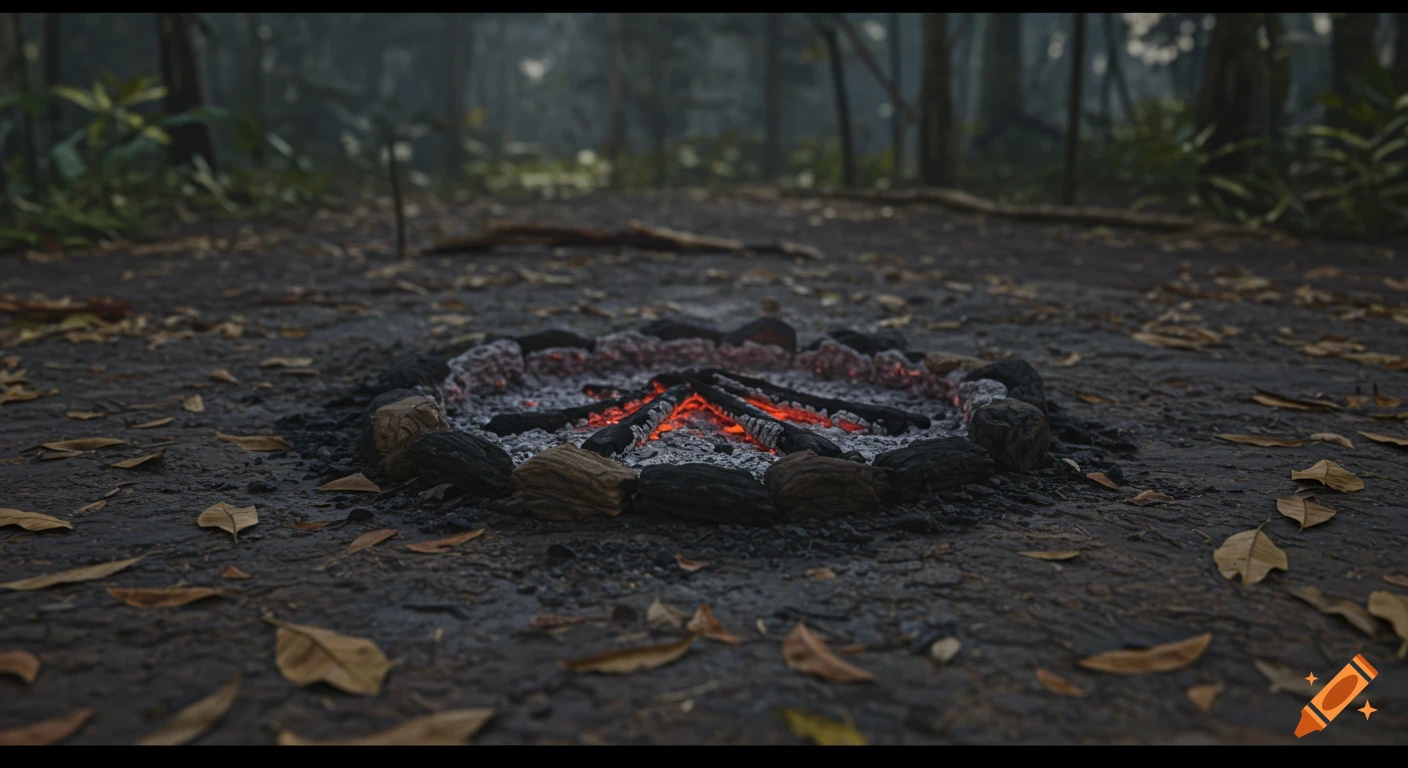 A photorealistic low-angle shot of a smoldering campfire pit with red embers and ashes on damp earth with fallen leaves in a dim jungle.