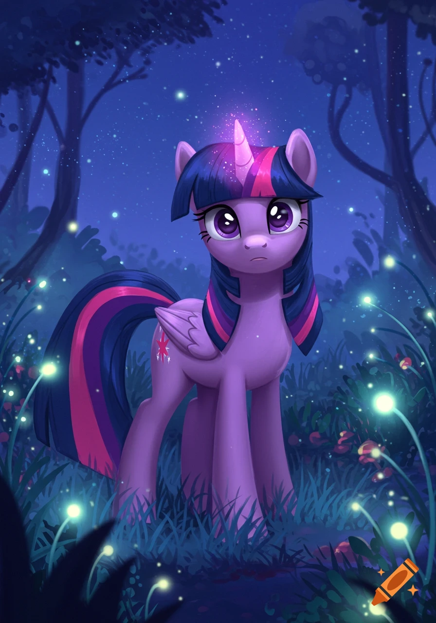 Twilight Sparkle, a purple unicorn pony, stands in a glowing, dark fantasy forest at night.
