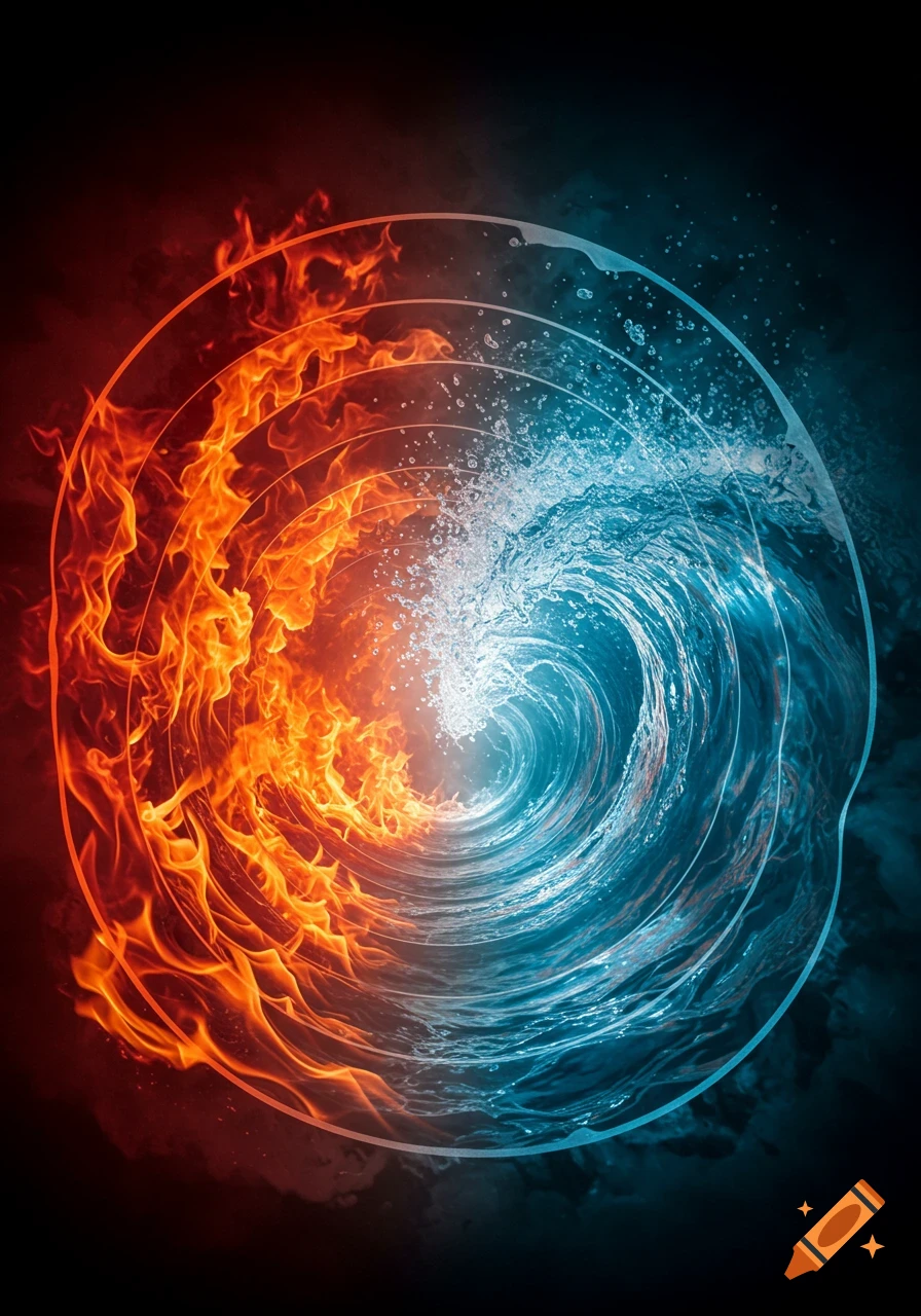 Vivid abstract image of swirling fire and water colliding in a dynamic vortex.