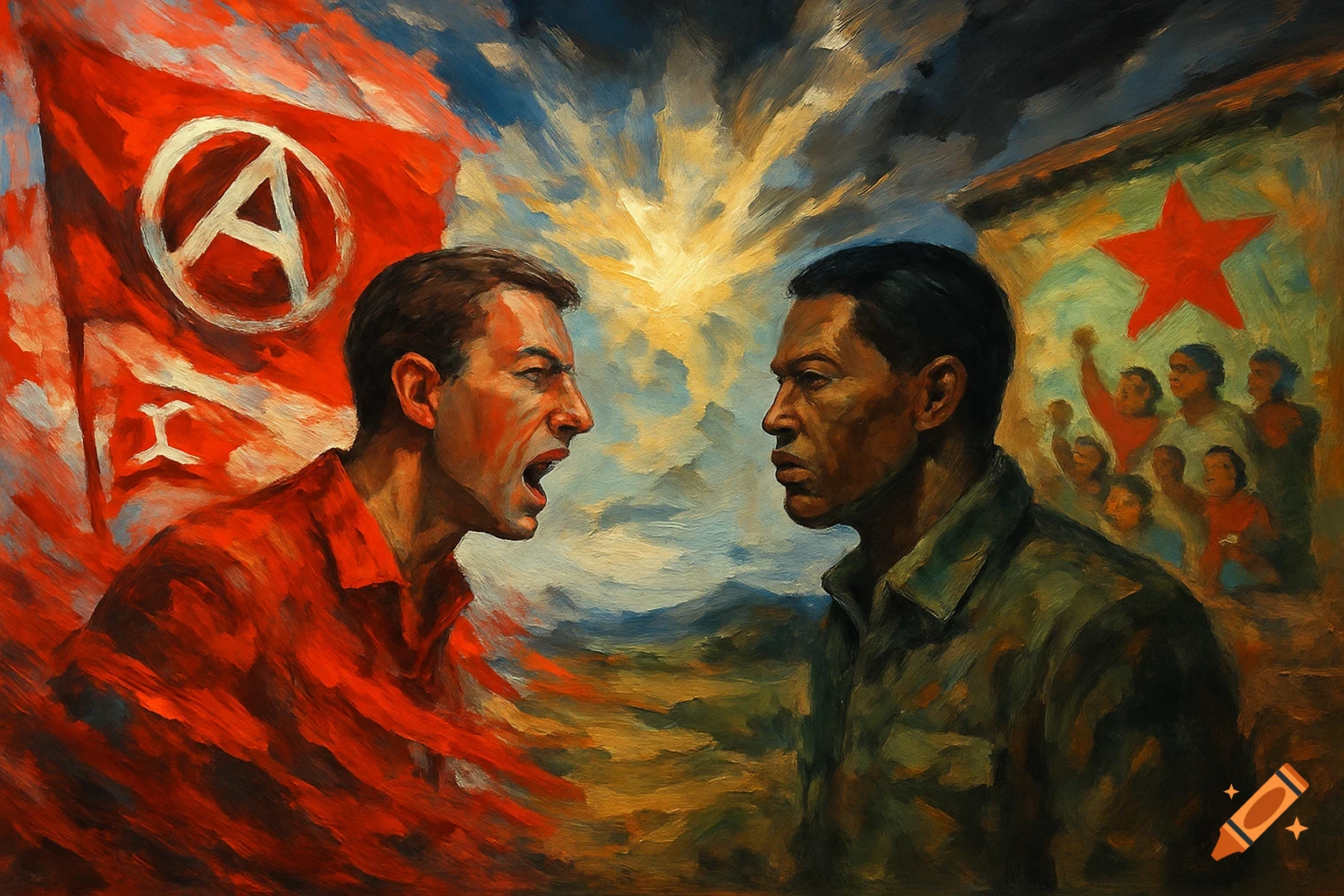An oil painting depicting a confrontational scene between two men, one yelling with an anarchist flag behind him, and the other stoic with a red star and crowd in the background. The art style is expressionistic.