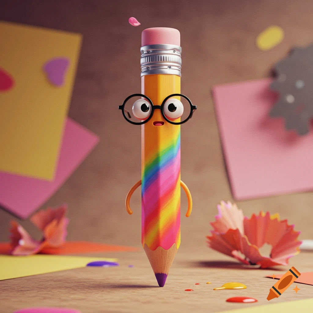 A cute, anthropomorphic rainbow pencil with googly eyes, glasses, and a pink eraser stands on a wooden desk with colorful paper and paint.