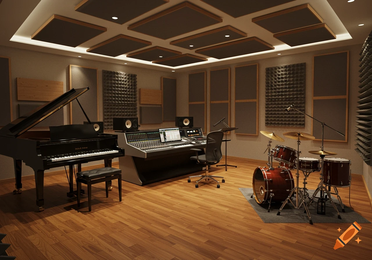 A professional recording studio with a grand piano, a mixing desk with monitors, and a drum set on a wooden floor.