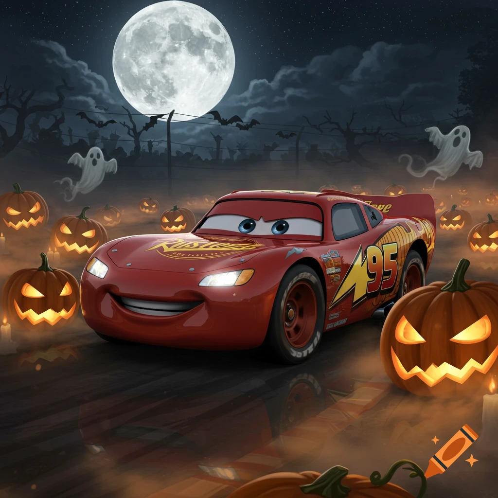 Lightning McQueen surrounded by glowing jack-o'-lanterns, ghosts, and bats under a full moon on Halloween night.