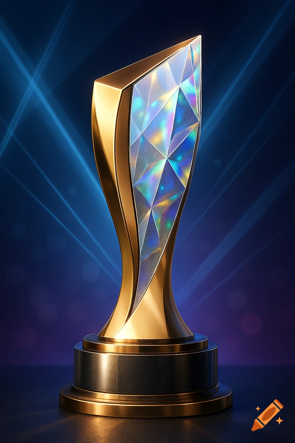 A gleaming gold and crystal award with a faceted holographic center, on a dark blue background with light rays.