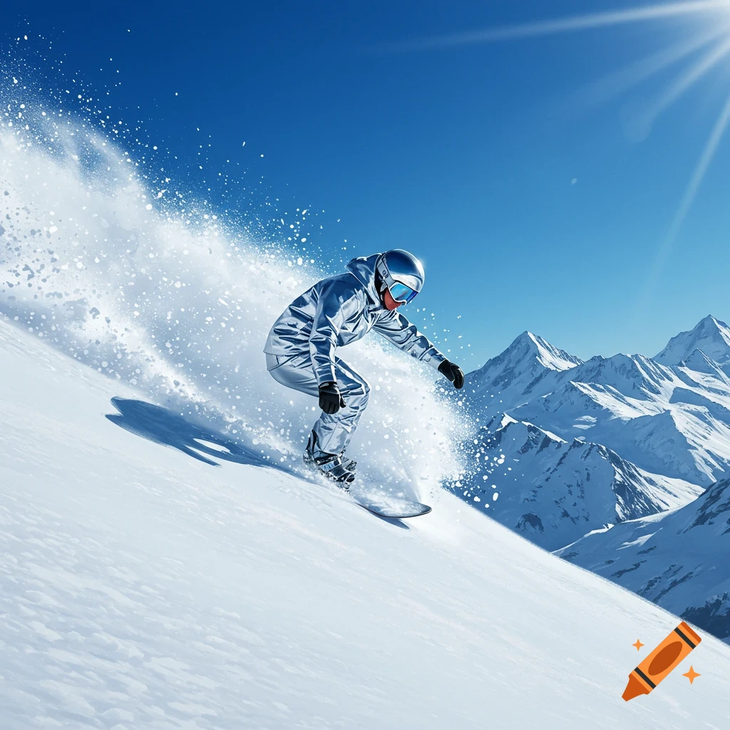 A snowboarder in a silver suit descends a snowy mountain, kicking up powder, under a bright blue sky with sun rays.