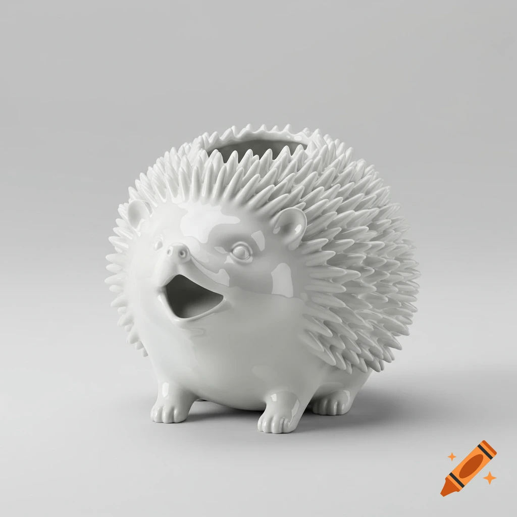 White porcelain hedgehog vase with an open mouth, photographed frontally against a plain light background.