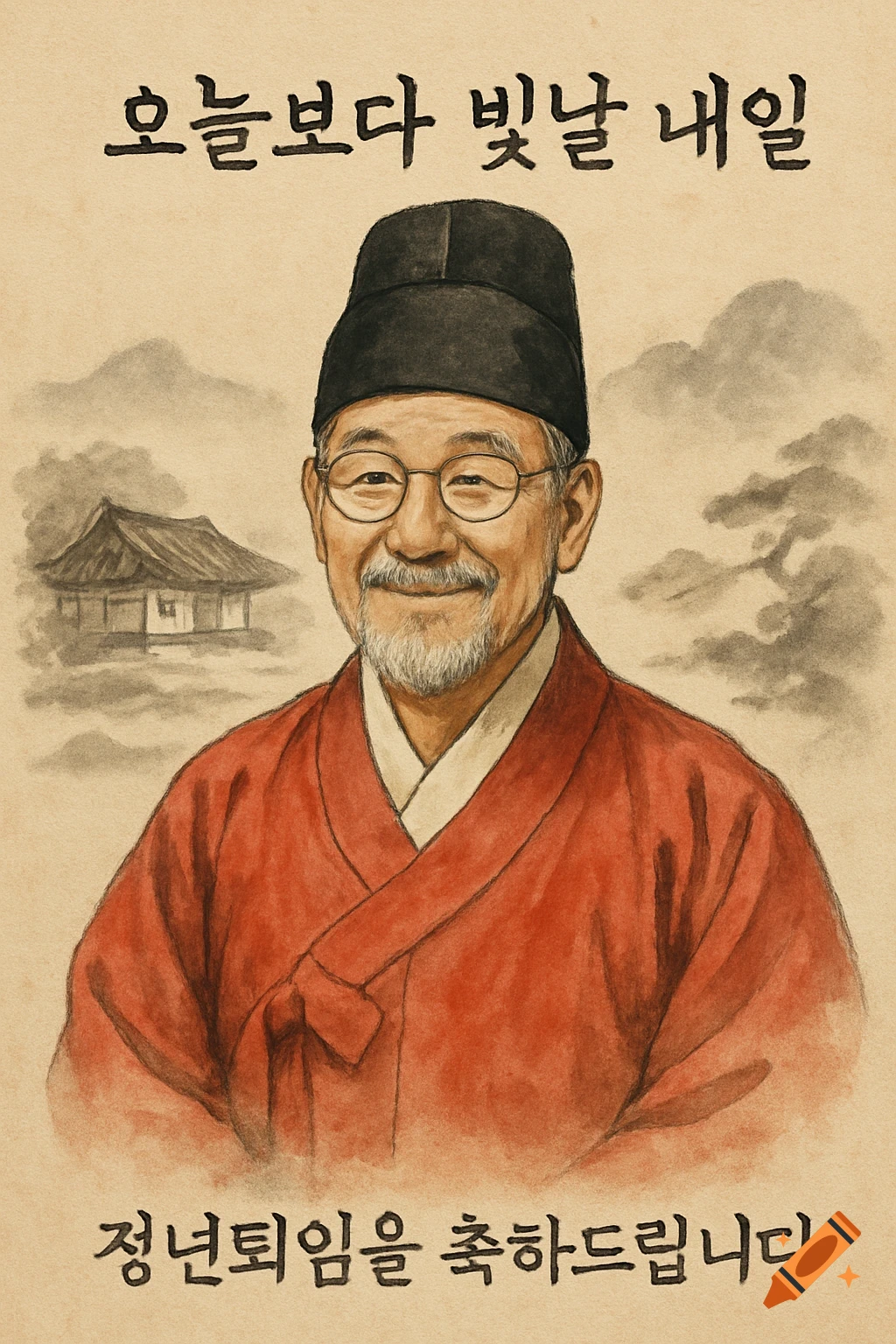 Watercolor portrait of a smiling elderly Korean man in traditional red robe and black hat, with Korean text and subtle hanok in the background.