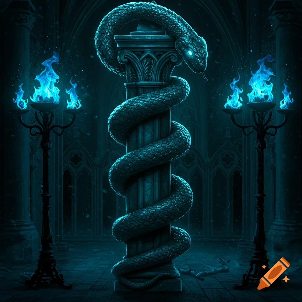 A teal snake with glowing eyes wraps around a gothic stone pillar, flanked by two candelabras with blue flames in a dark, mysterious chamber.