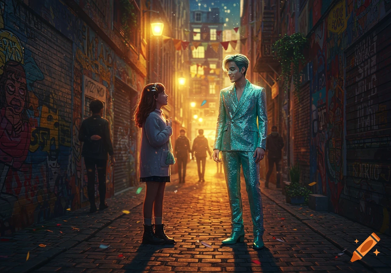 A young girl looks at a man in a sparkling turquoise suit in a glowing, graffiti-filled urban alley at night.