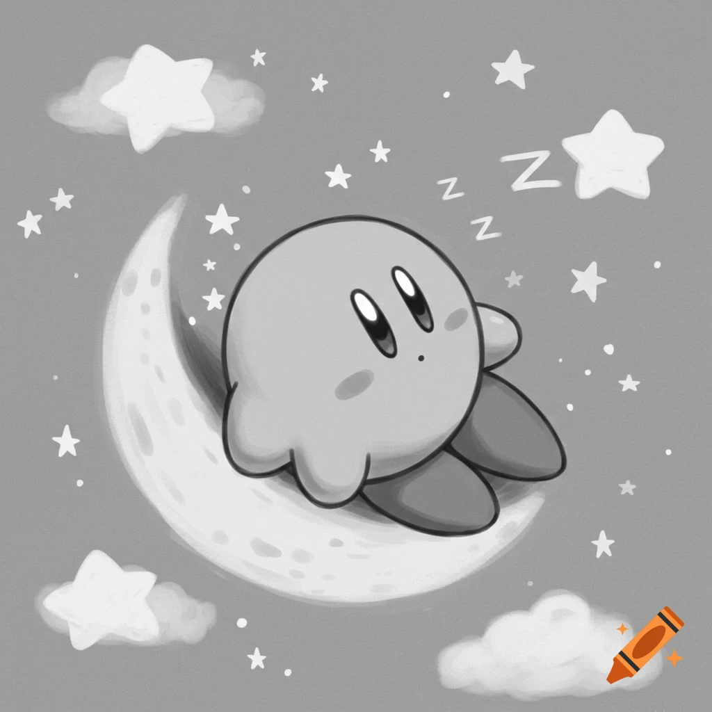 A black and white illustration of Kirby sleeping on a crescent moon surrounded by stars and clouds, with Z's indicating sleep.