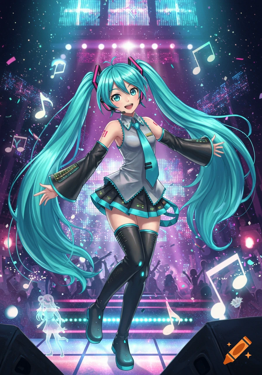 Hatsune Miku with long teal pigtails, wearing a grey outfit with a teal tie, performs on a bright, glittery stage.