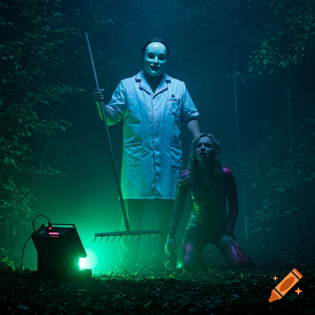 A terrifying masked man in a white uniform looms over a kneeling, terrified woman in a dark, foggy forest, lit by green and blue lights.