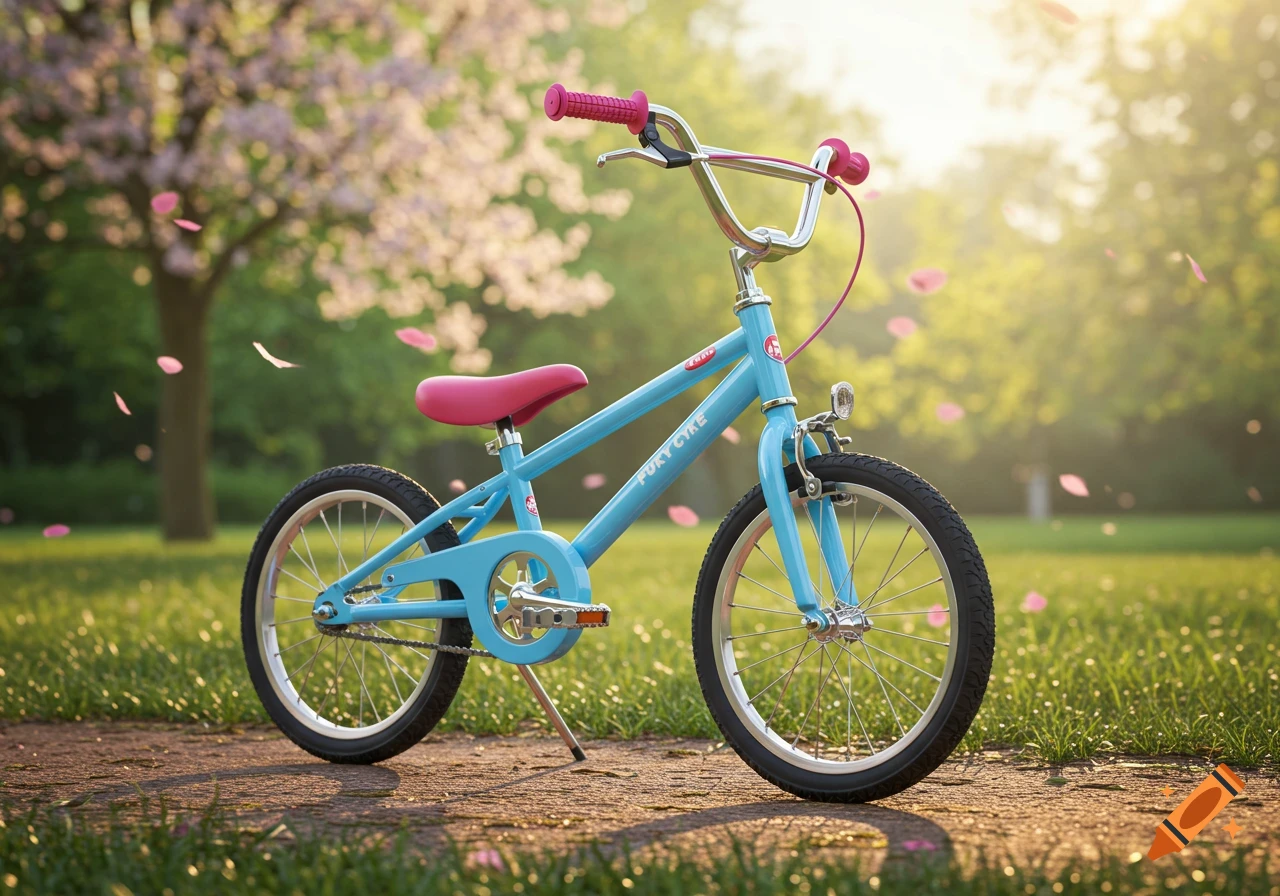 A light blue children's bicycle with pink seat and handlebars on a park path. Pink petals fall from a blossoming tree in warm sunlight.