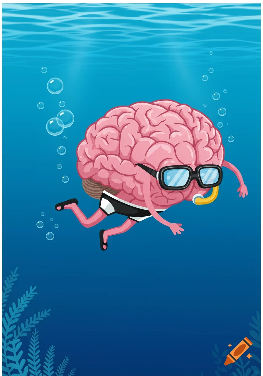 A cartoon pink brain wearing black goggles and swim briefs swims underwater with bubbles and seaweed.