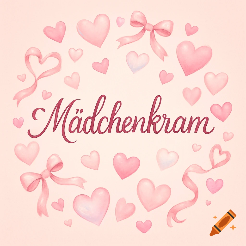 Pink watercolor illustration with a central script text 'Mädchenkram' surrounded by scattered pink hearts and bows on a light pink background.