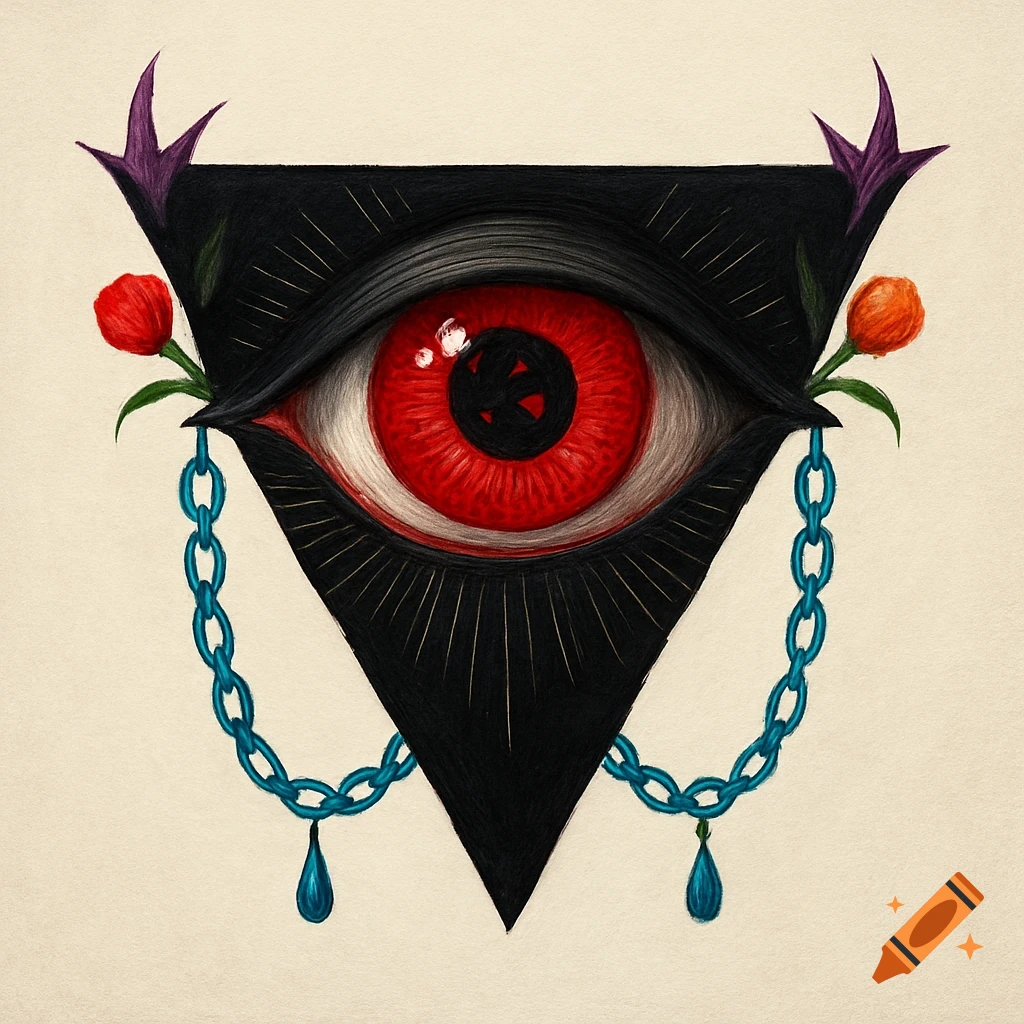 A stylized red eye with abstract pupils in a black inverted triangle, flanked by blue chains, red and orange flowers, and purple thorns, in an illustrative style.