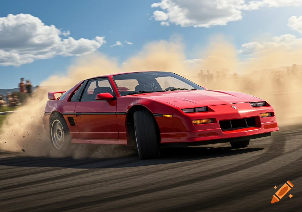 A red 1984 Pontiac Fiero drifts on a track, kicking up a large cloud of dust under a blue sky.