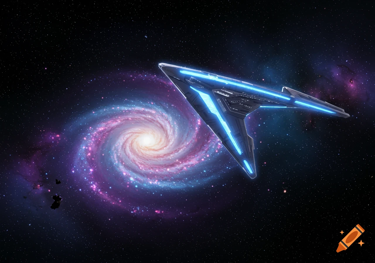 A futuristic triangular spacecraft with blue glowing lights flies through deep space, with a vibrant spiral galaxy in the background.