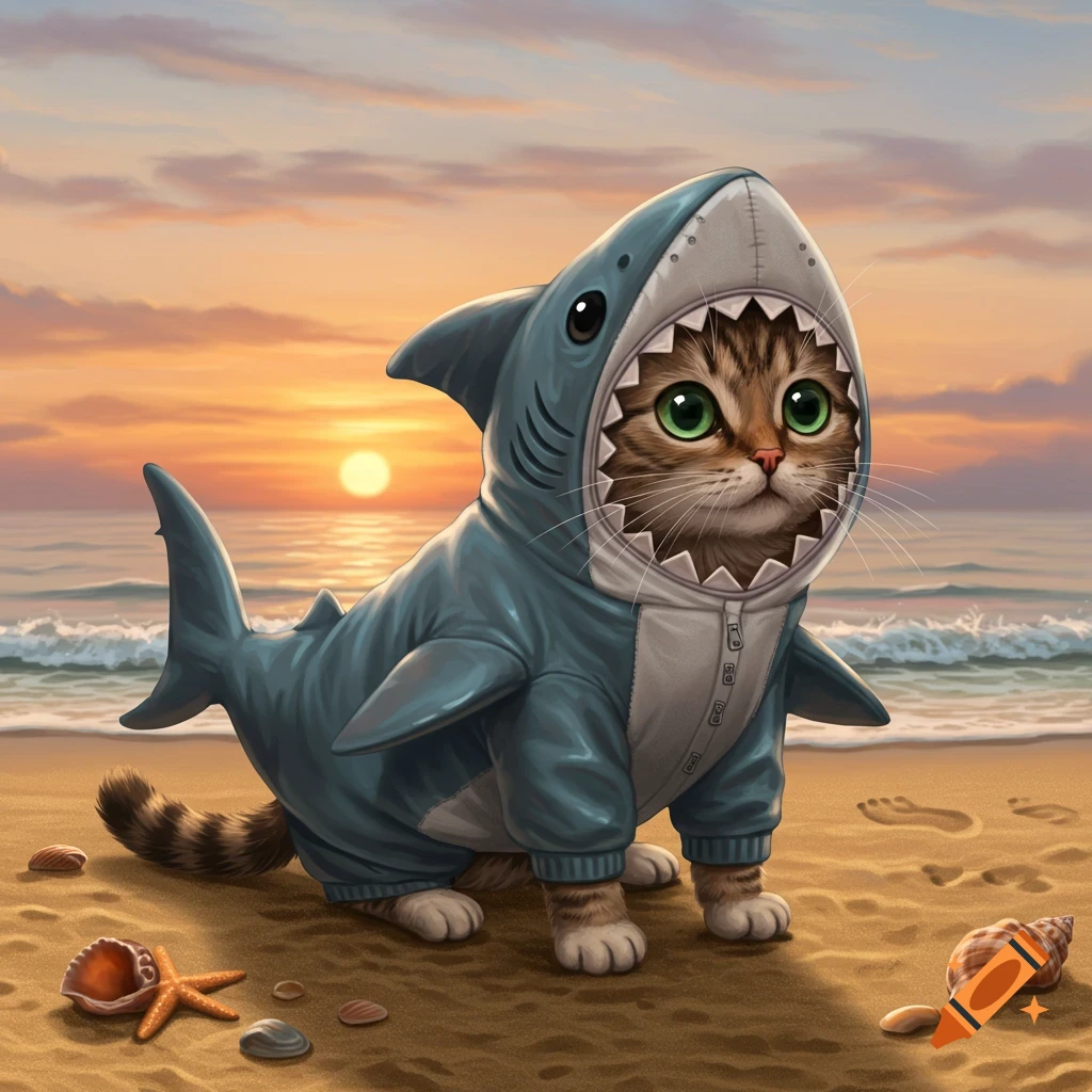 A cute tabby cat wearing a blue shark costume sits on a sandy beach with seashells and a starfish, at sunset.