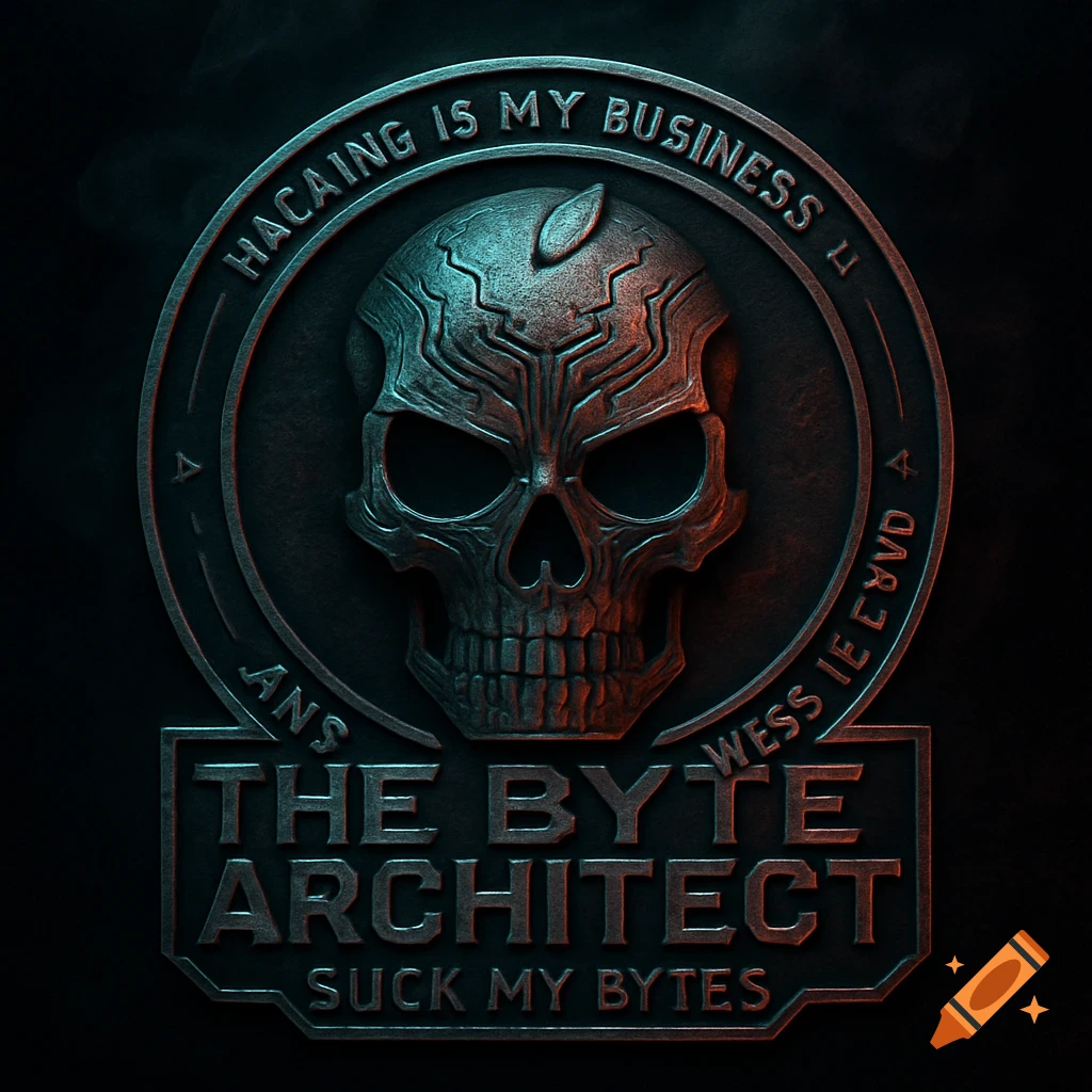A metallic, stylized skull emblem with a cyber-punk aesthetic. Text around the skull reads "HACAING IS MY BUSINESS L" and below, "THE BYTE ARCHITECT" and "SUCK MY BYTES".