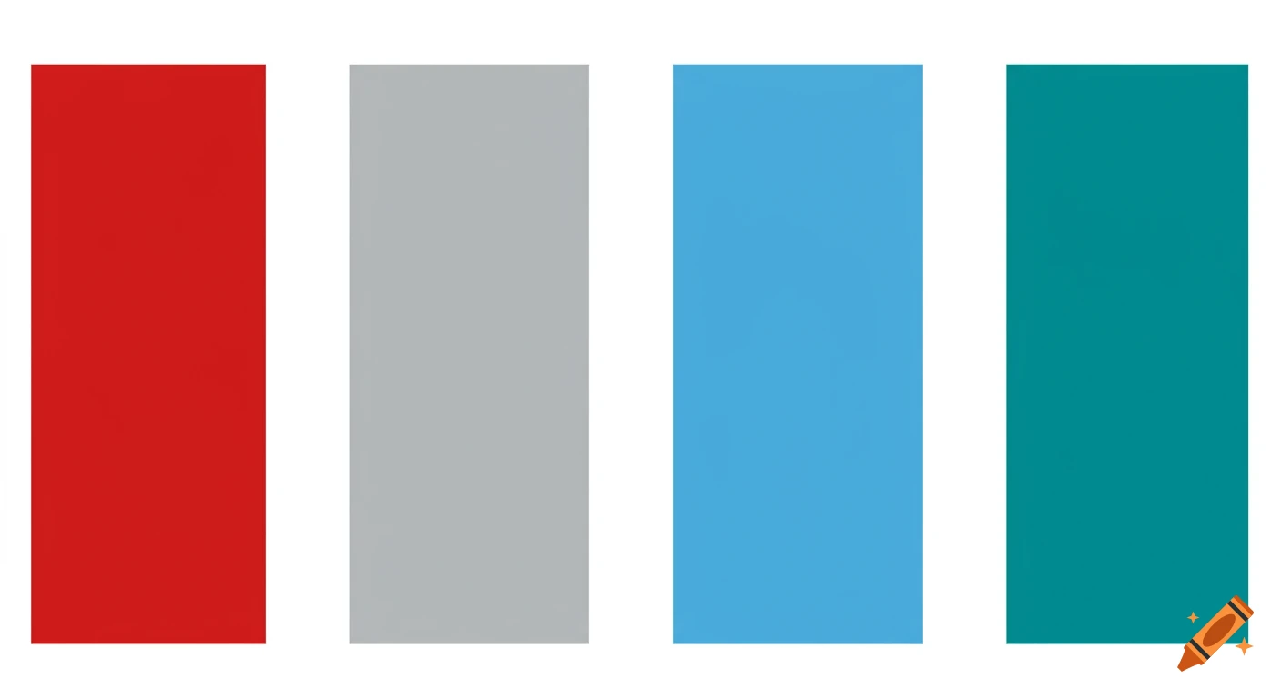 Four vertical rectangular blocks in solid colors: red, light grey, sky blue, and teal, arranged side by side.