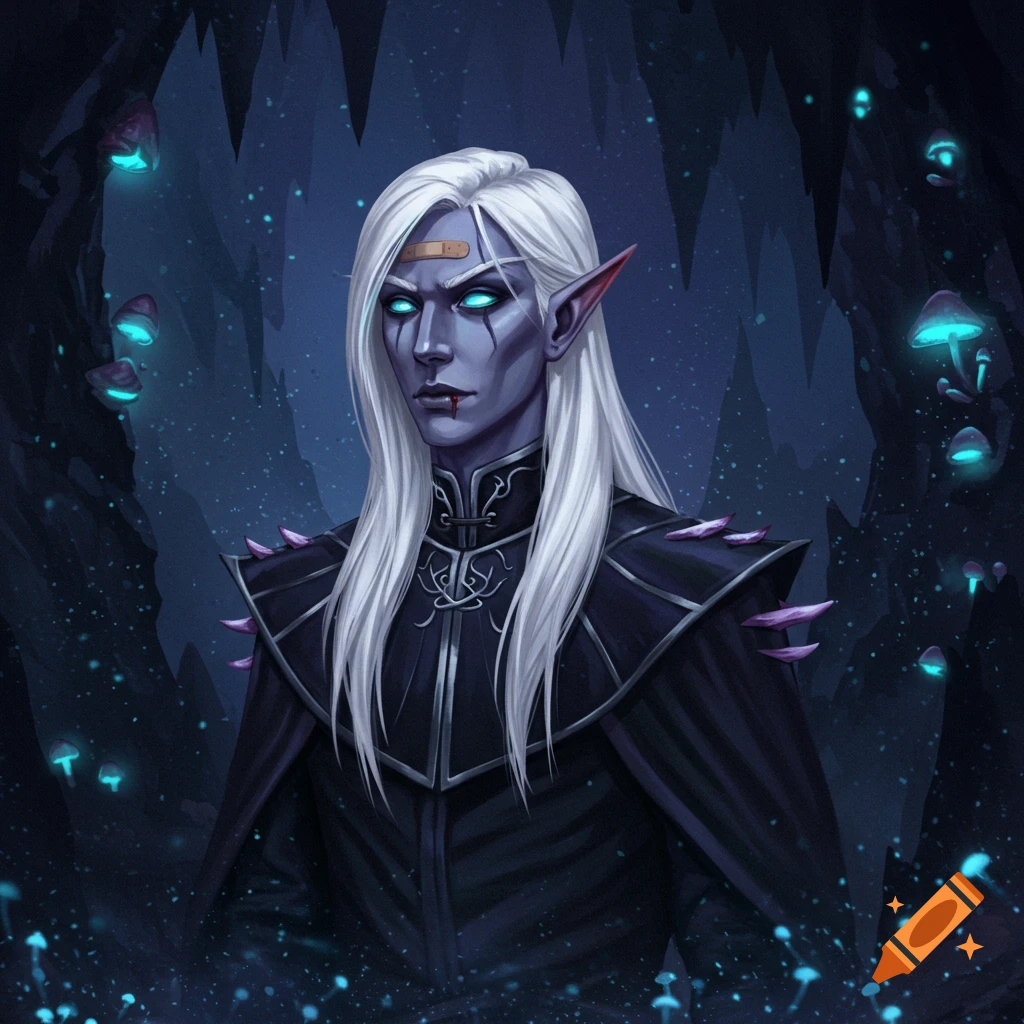 A blue-skinned drow character with white hair, glowing eyes, a forehead bandage, and a drop of blood on their lip, stands in a mushroom-filled cave.