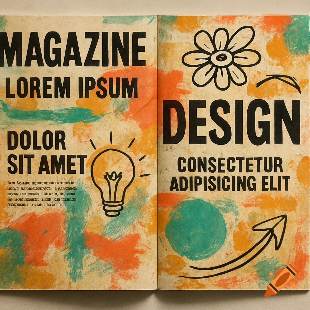 A creative open magazine spread with a distressed, textured look. It features bold black text like 'MAGAZINE', 'LOREM IPSUM', 'DESIGN', and doodle-style illustrations of a lightbulb, flower, and arrow on a background of orange and teal brushstrokes.