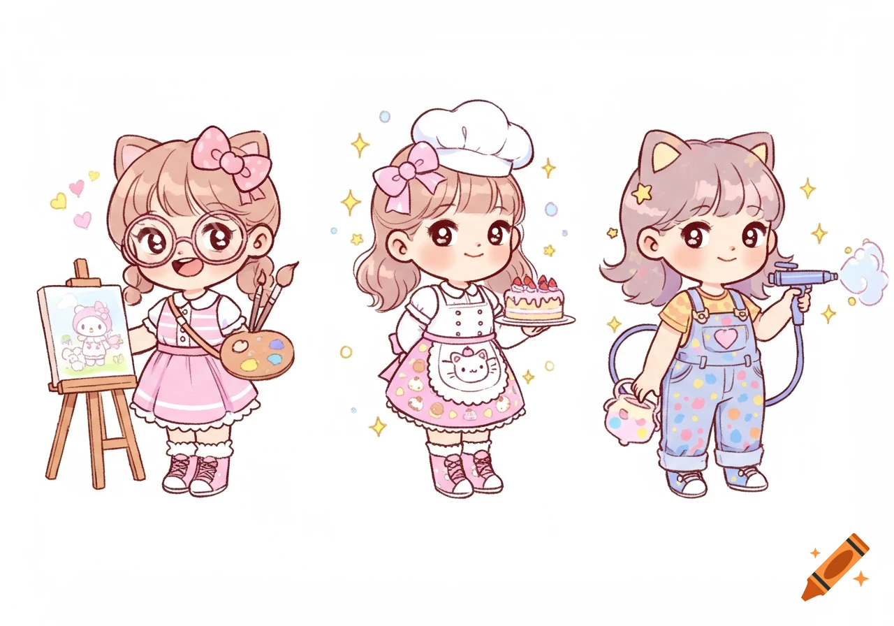 Three kawaii cartoon girls: an illustrator painting, a pastry chef with a cake, and an airbrush artist.