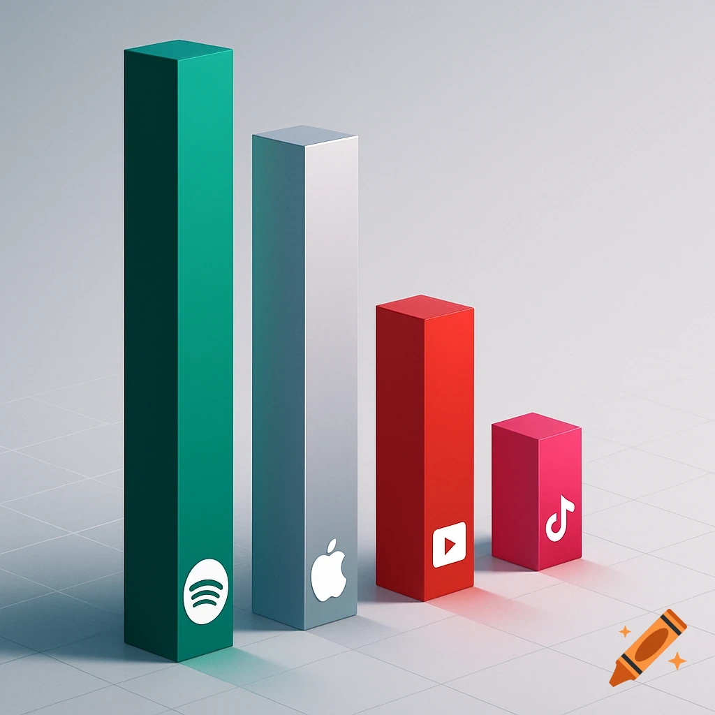 A 3D bar graph with green Spotify, silver Apple, red YouTube, and pink TikTok logos, showing decreasing heights from left to right.