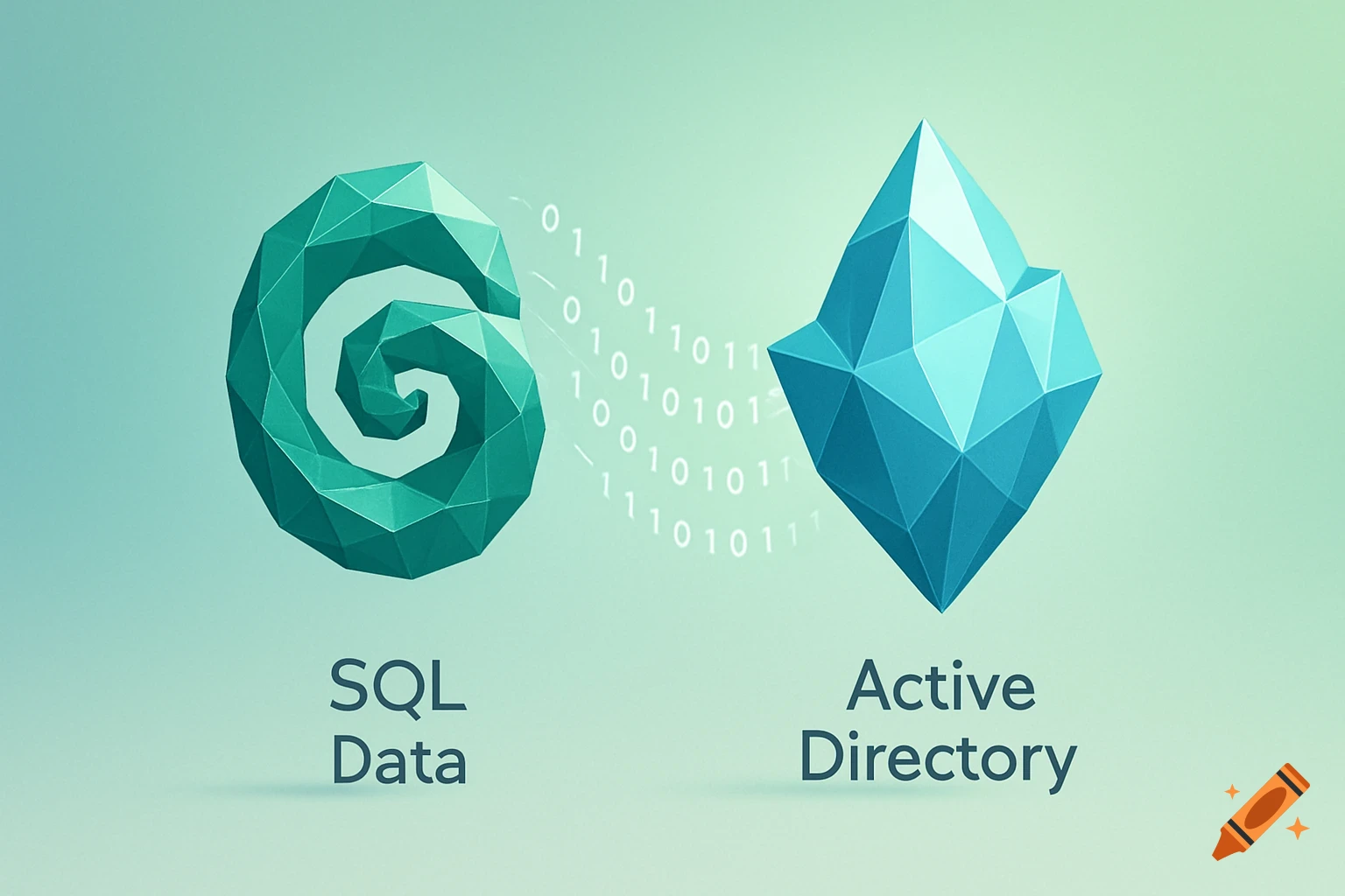 A stylized geometric swirl representing SQL Data connected by binary code to a geometric crystal representing Active Directory, on a light green background.