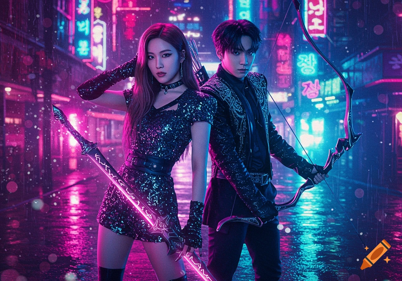 Two K-pop-style demon hunters, a woman with a glowing sword and a man with a bow, stand in a neon-lit cyberpunk street.