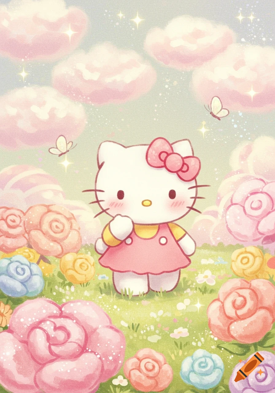 A whimsical cartoon illustration of Hello Kitty standing in a field of colorful flowers under a sky with pink clouds.