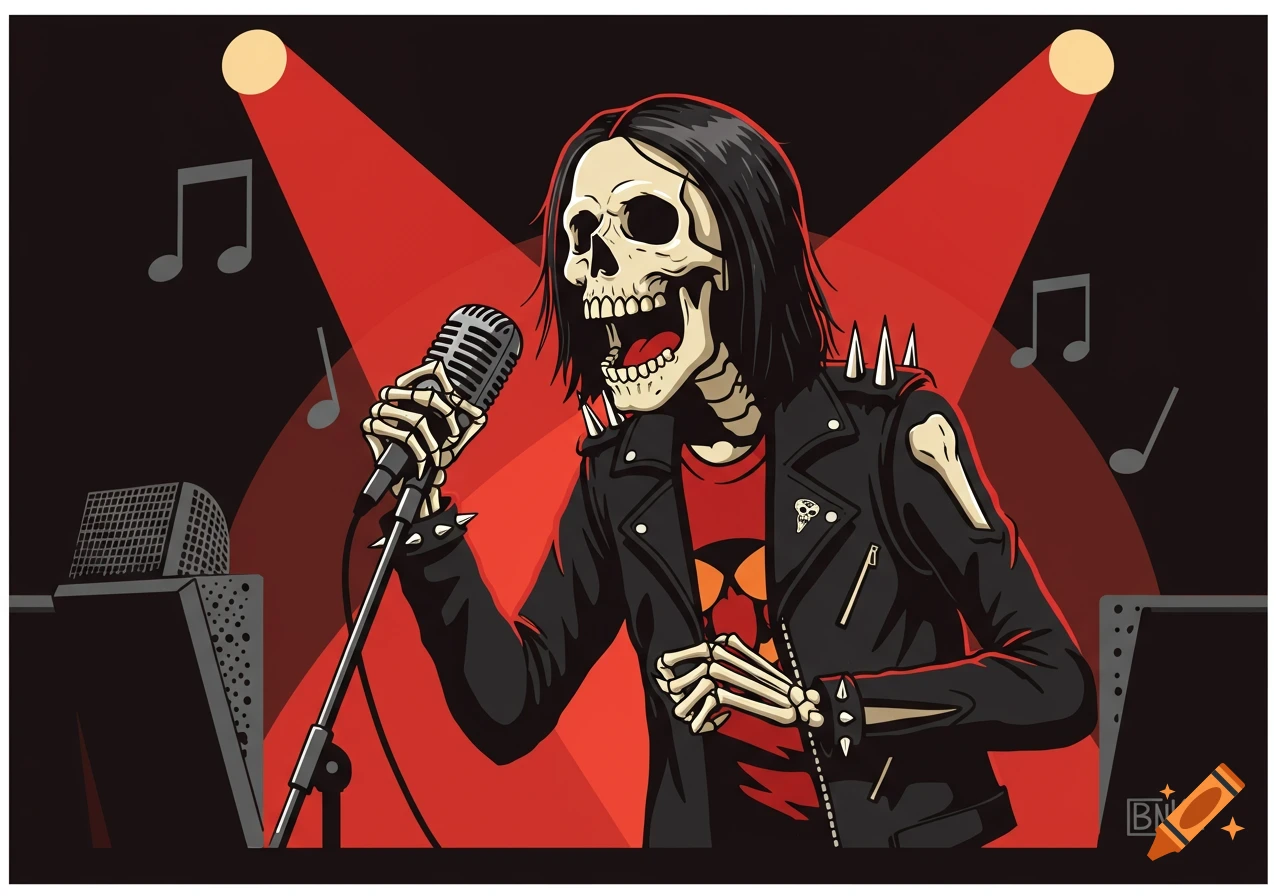 A cartoon skeleton rocker with long dark hair, wearing a studded leather jacket, sings into a microphone on a stage under red spotlights, with musical notes floating around.