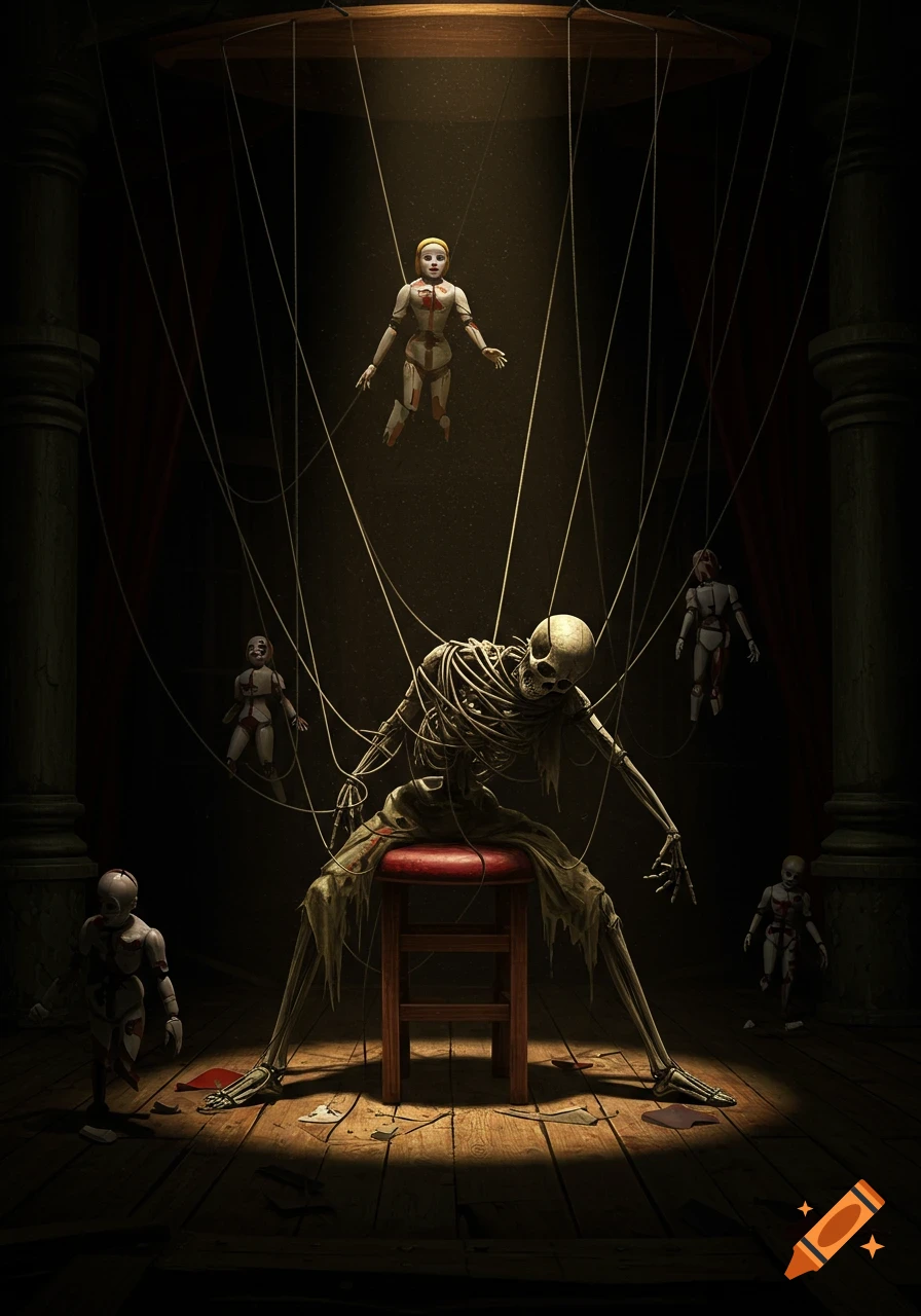 A skeletal puppeteer sits slumped on a stool, tangled in strings amidst broken marionettes in a dark, gothic theatre, under a spotlight.