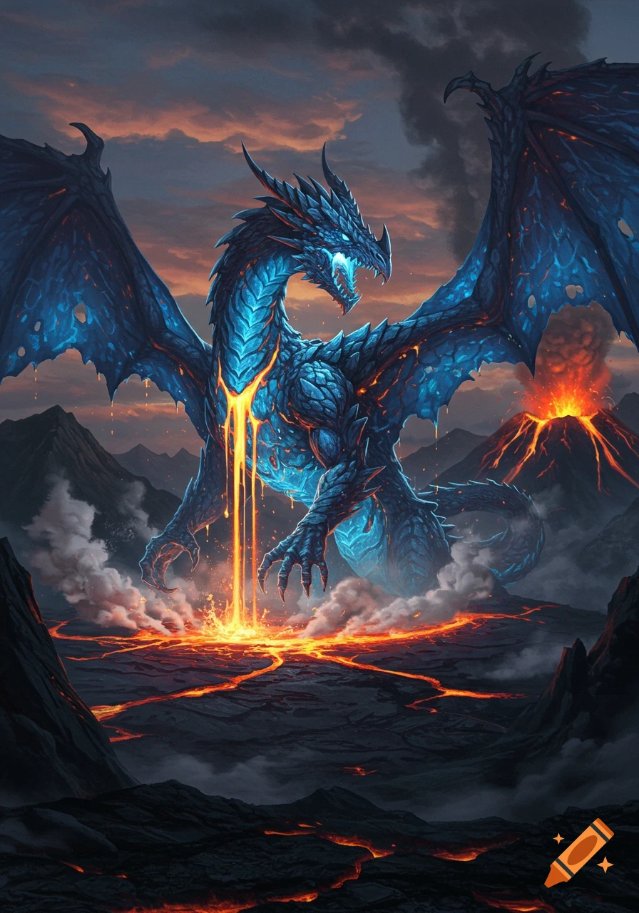A majestic blue dragon with glowing orange lava on its chest stands in a volcanic landscape with an erupting volcano at sunset.