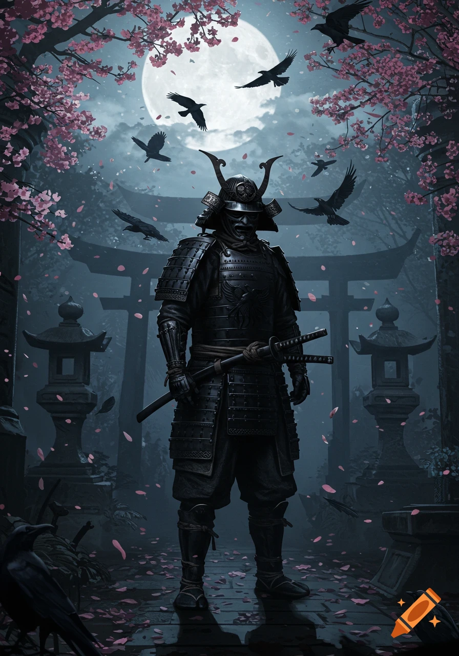 Dark armored samurai with katanas stands under a full moon, surrounded by cherry blossoms, torii gates, and flying crows.