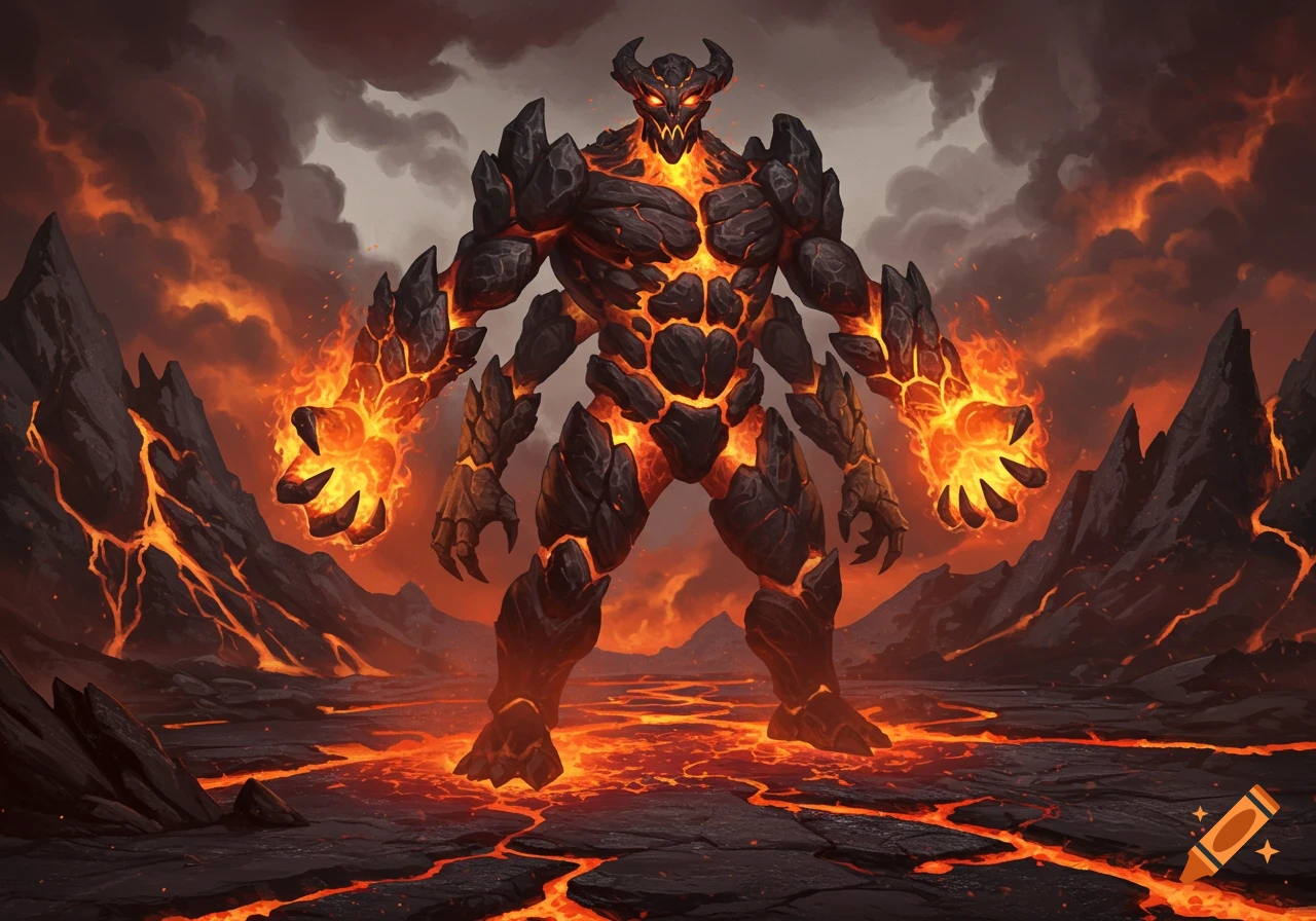 A formidable four-armed lava giant with glowing molten cracks and fiery hands stands in a desolate volcanic landscape.
