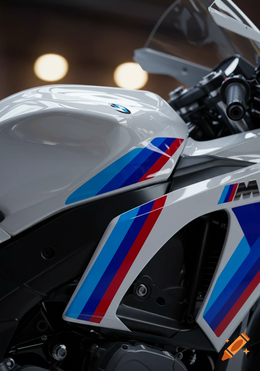 Close-up of a white BMW M motorcycle with blue, light blue, and red racing stripes and BMW logo on the fuel tank.