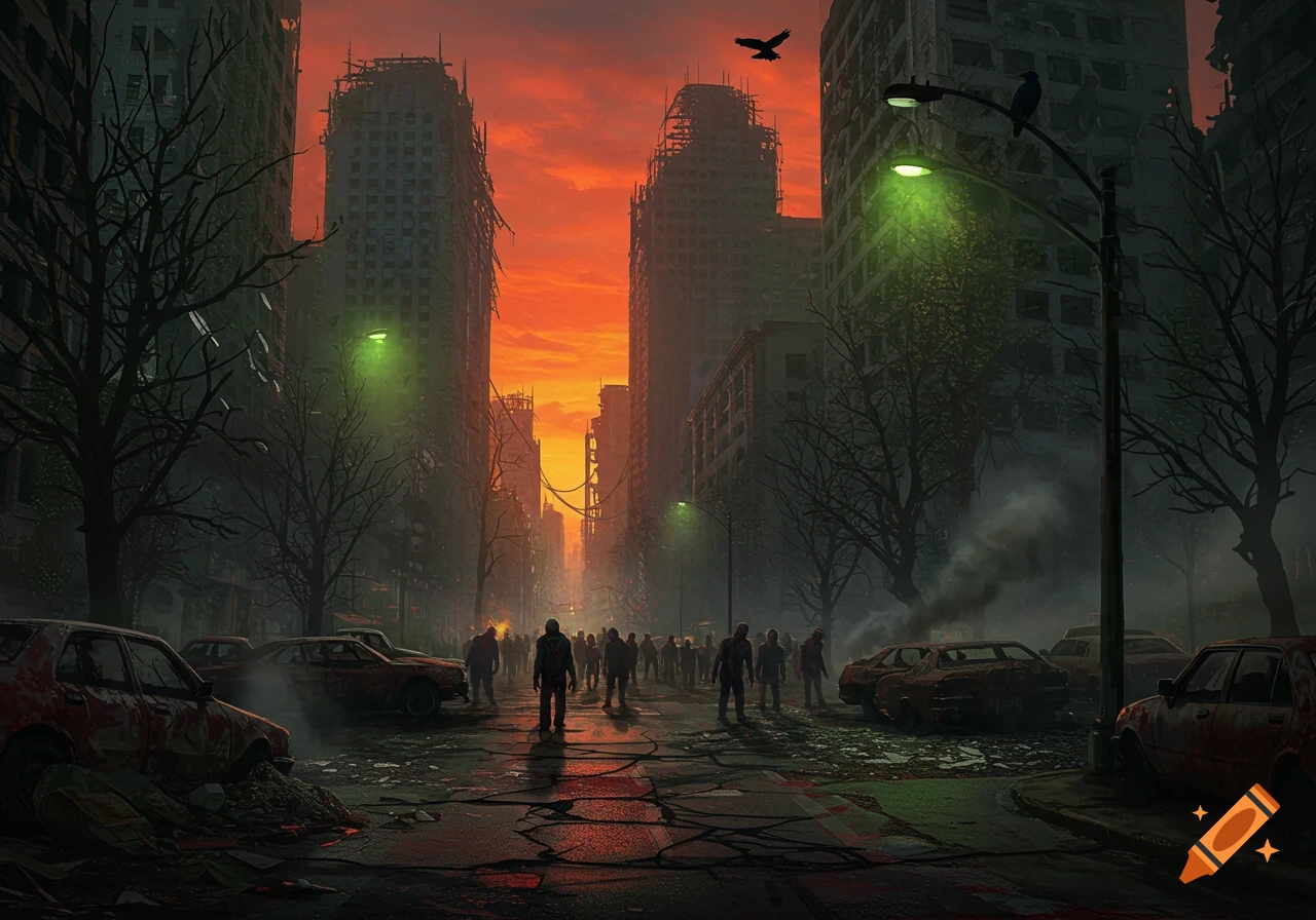 A horde of zombies shuffles down a cracked city street at sunset, flanked by ruined buildings and abandoned cars under green streetlights.